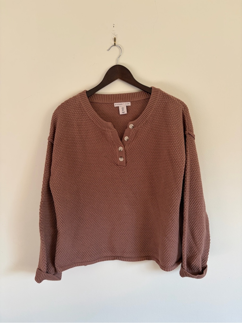 Sincerely Jules Mauve Taupe Henley Knit V-neck button Sweater